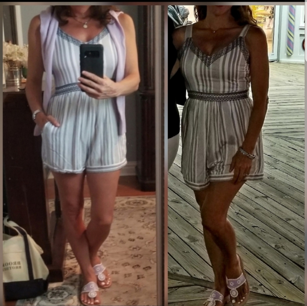 Lilac grey & white embroidered striped romper
